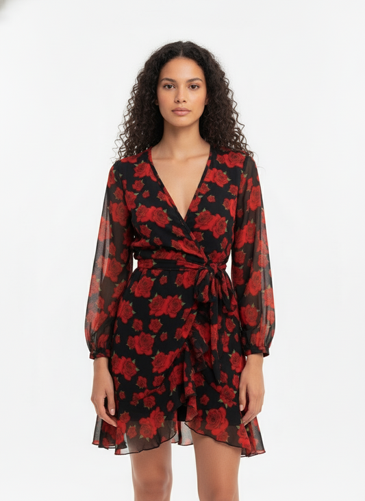 Κοντό κρουαζέ φόρεμα μαύρο με κόκκινα τριαντάφυλλα Athénée