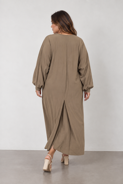 Φόρεμα μακρυμάνικο v neck με κουμπάκια plus size για κάθε μέρα θα μαύρο -καφέ