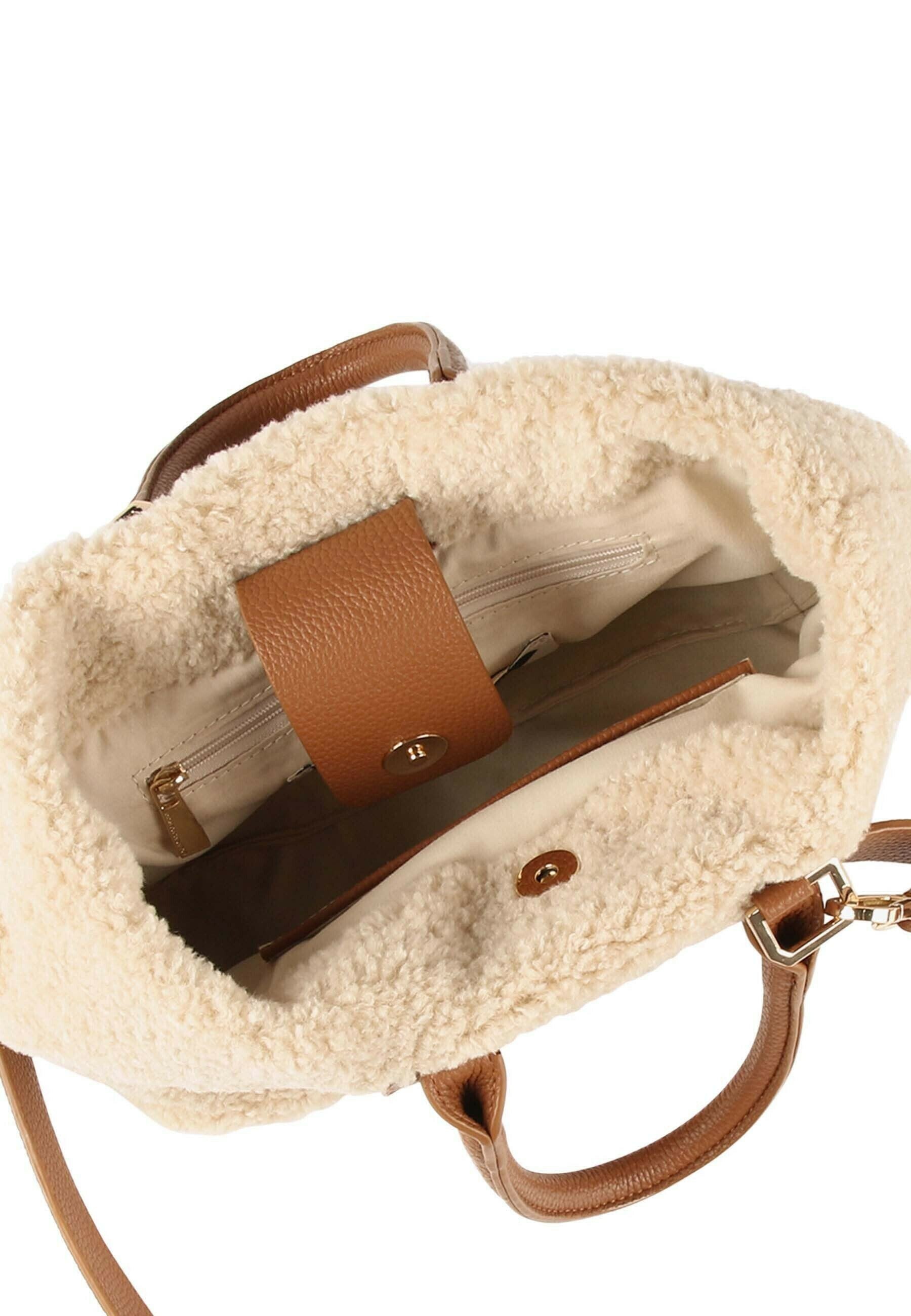 Μπεζ teddy shopper τσάντα με καμελ δερματίνη boutique Λάρισα Katerina Michali