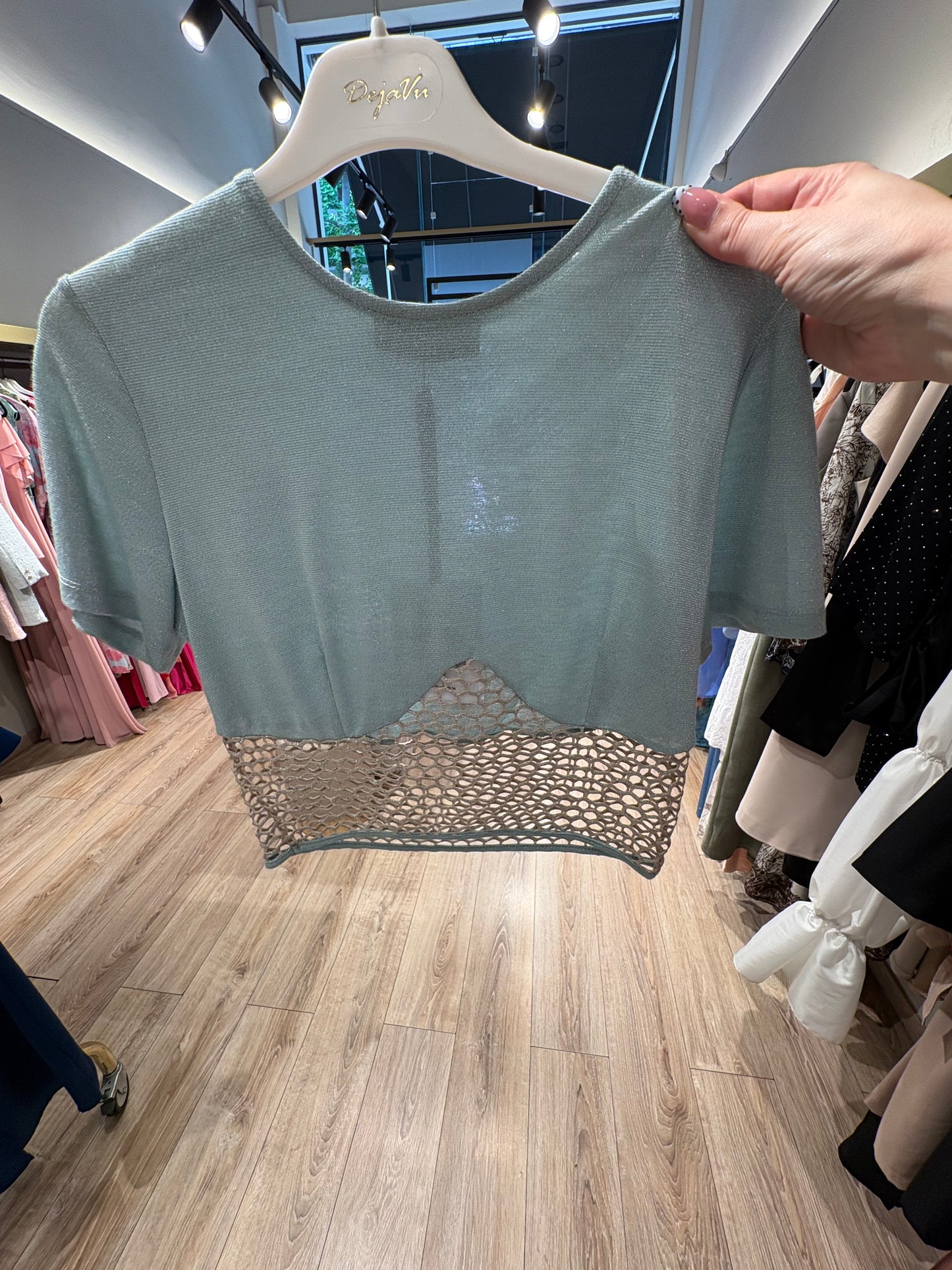 Crop top κοντομάνικο lurex ροζ & σιέλ