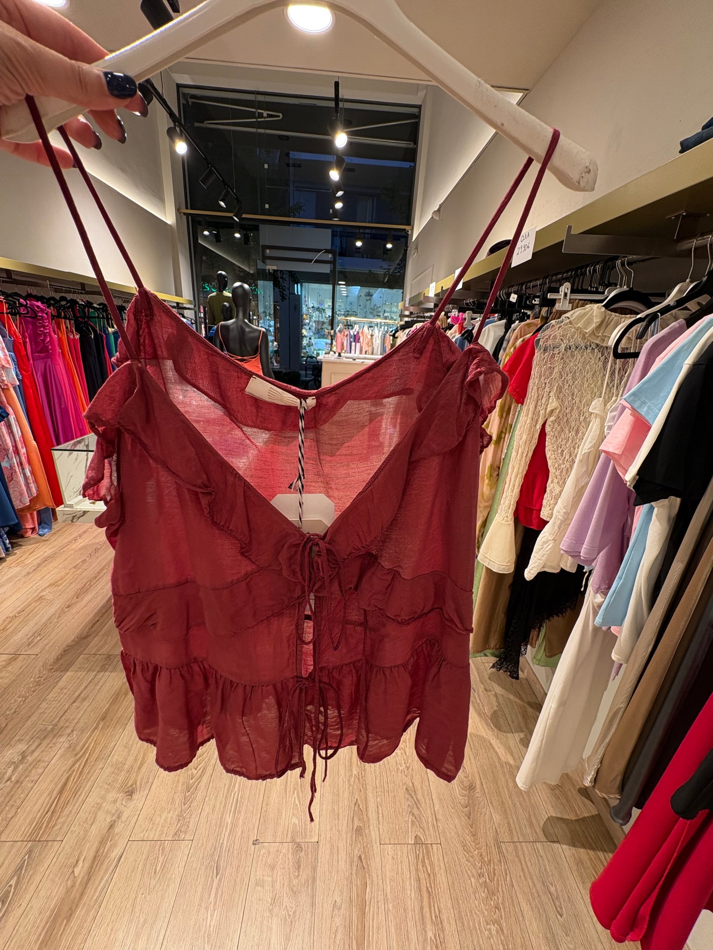 Τοπ τιραντέ με βολάν αέρινο boho μπεζ & μπορντό