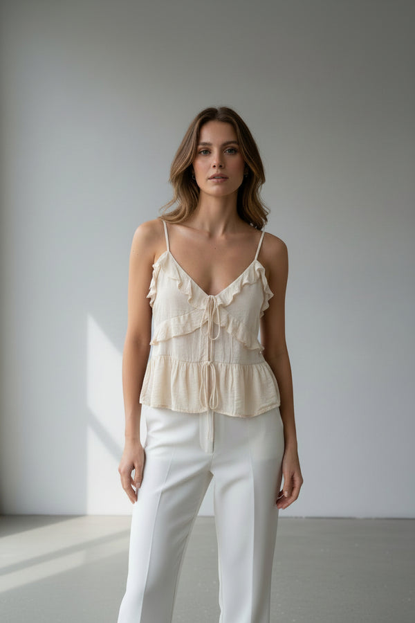 Τοπ τιραντέ με βολάν αέρινο boho μπεζ & μπορντό