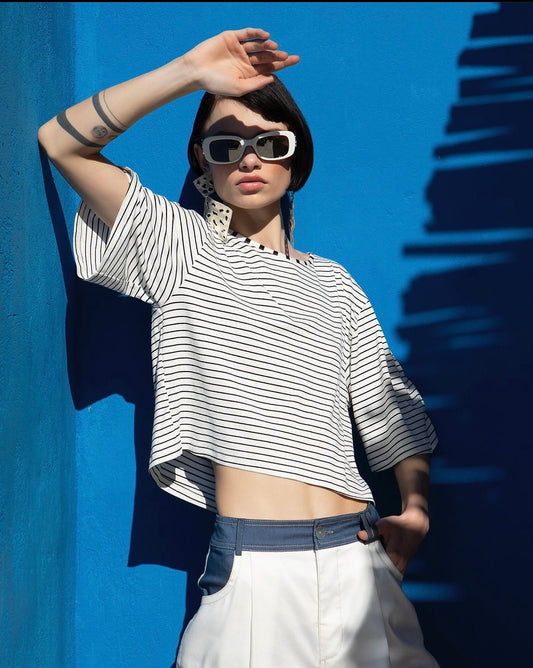 Tshirt crop ριγέ με μανίκι 3/4