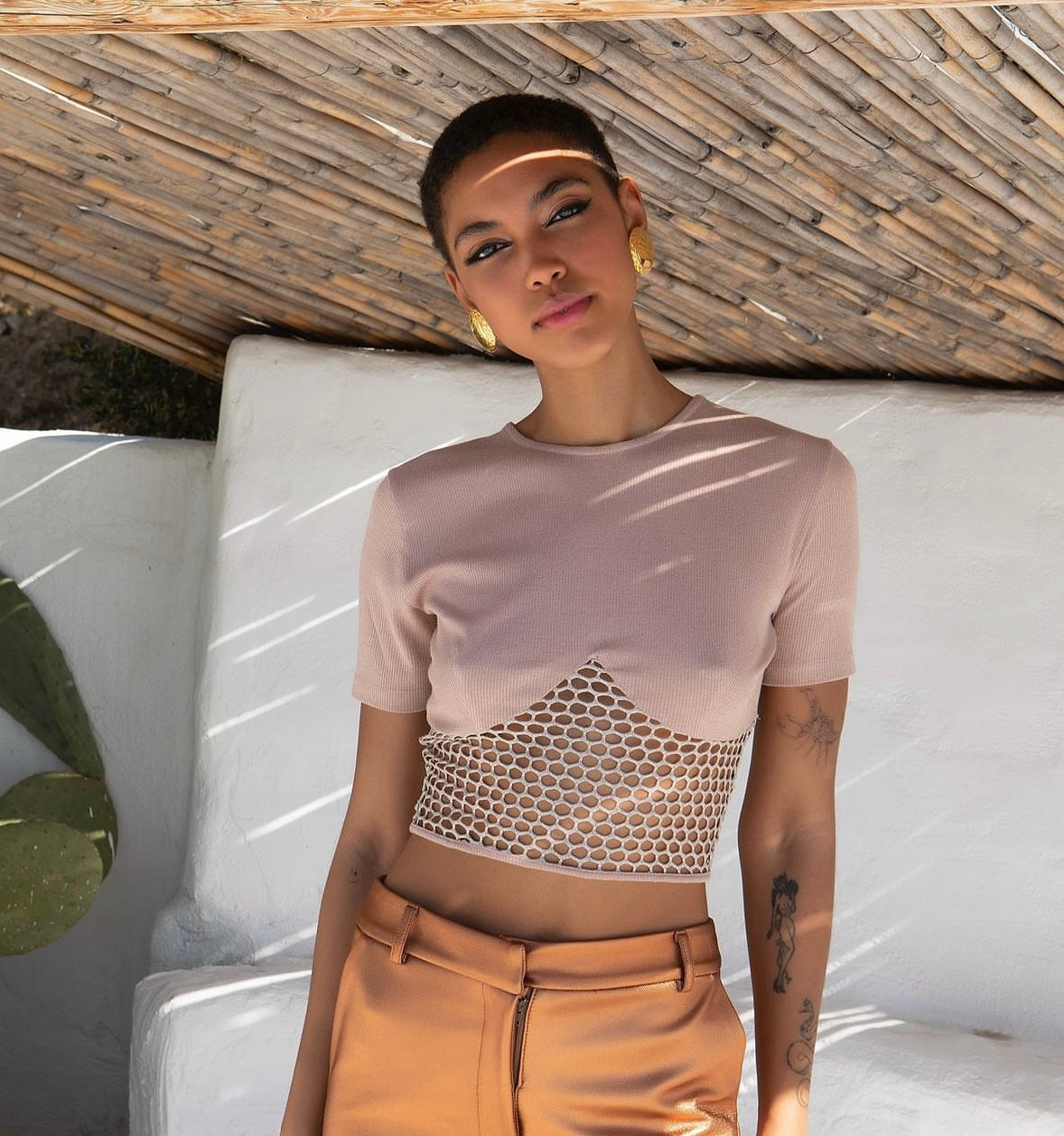 Crop top κοντομάνικο lurex ροζ & σιέλ