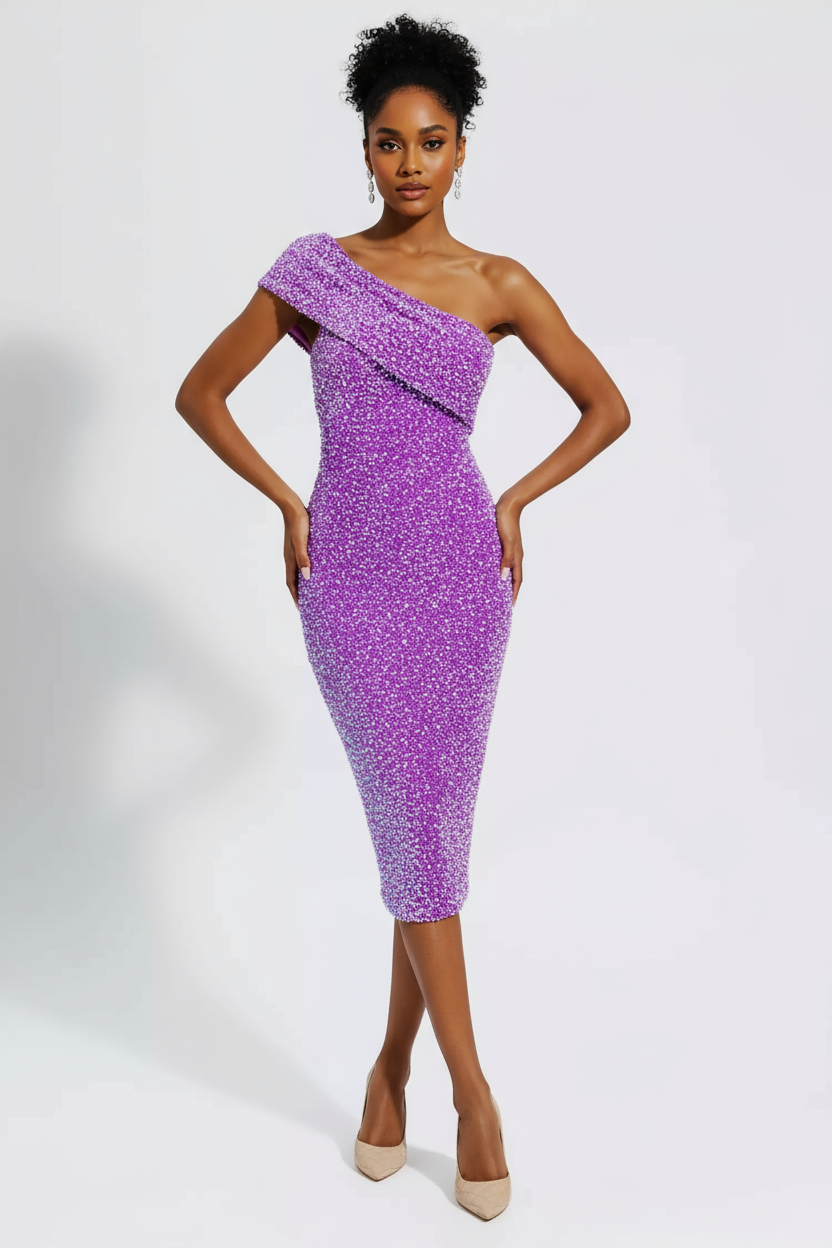 Βελούδινο Φόρεμα Midi με Έναν Ώμο - Κομψό Βραδινό